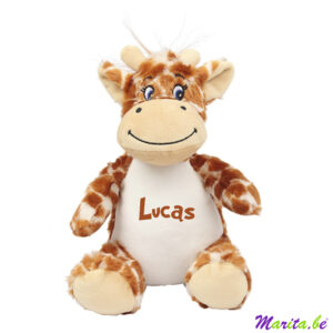 bedrukte giraf met naam lucas in het bruin
