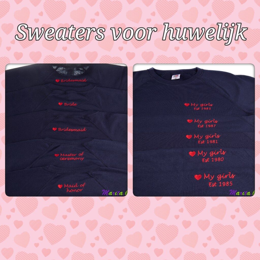 inspiratie geborduurde sweaters bruidsmeisjes en bruid voor huwelijk