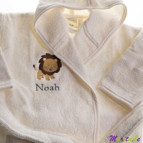 Kinderbadjas geborduurd met tekening van een leeuw en naam Noah